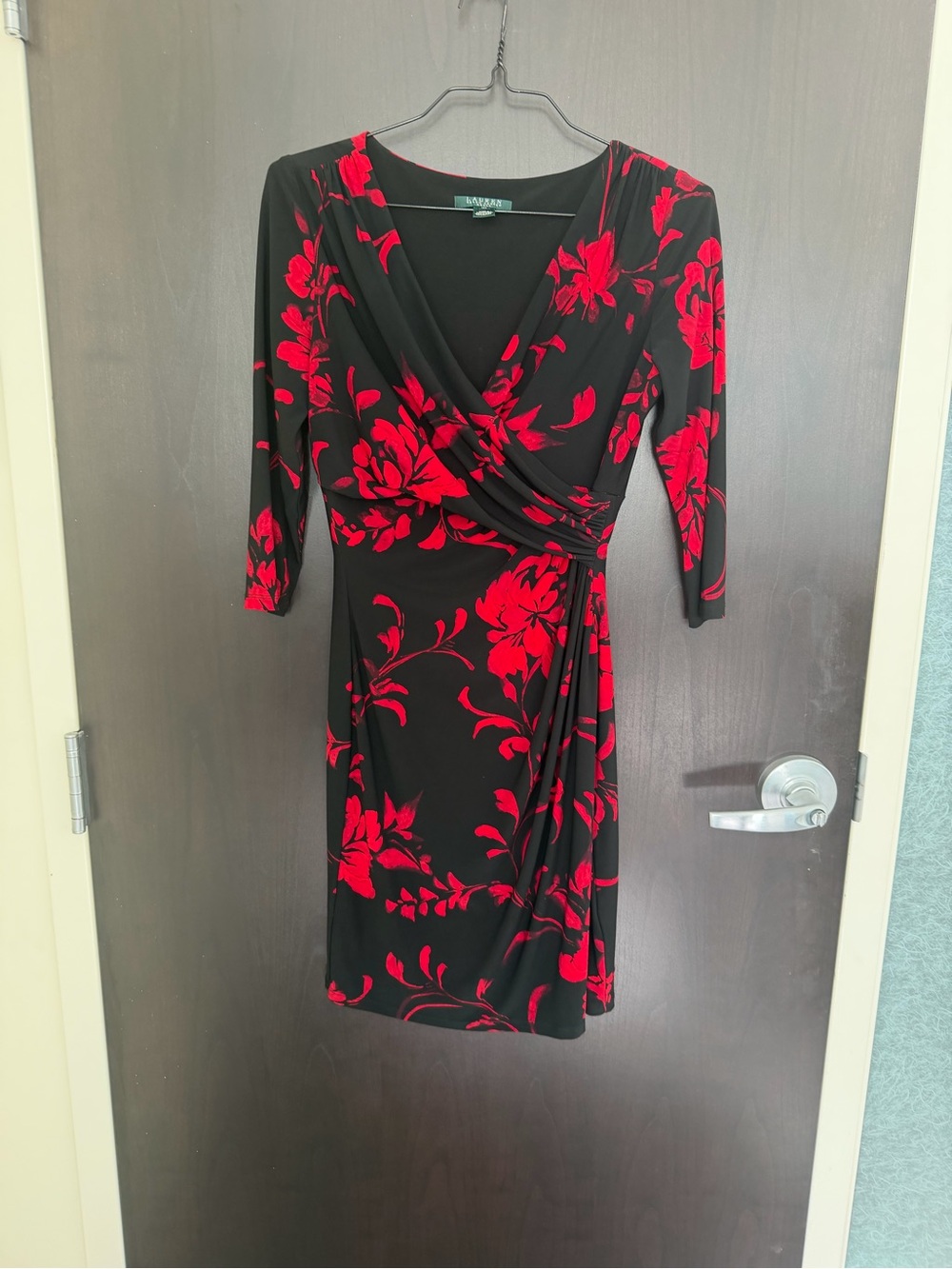 Lauren Ralph Lauren Black Dress with Red Floral Print - Long Sleeve Wrap Sz 10P